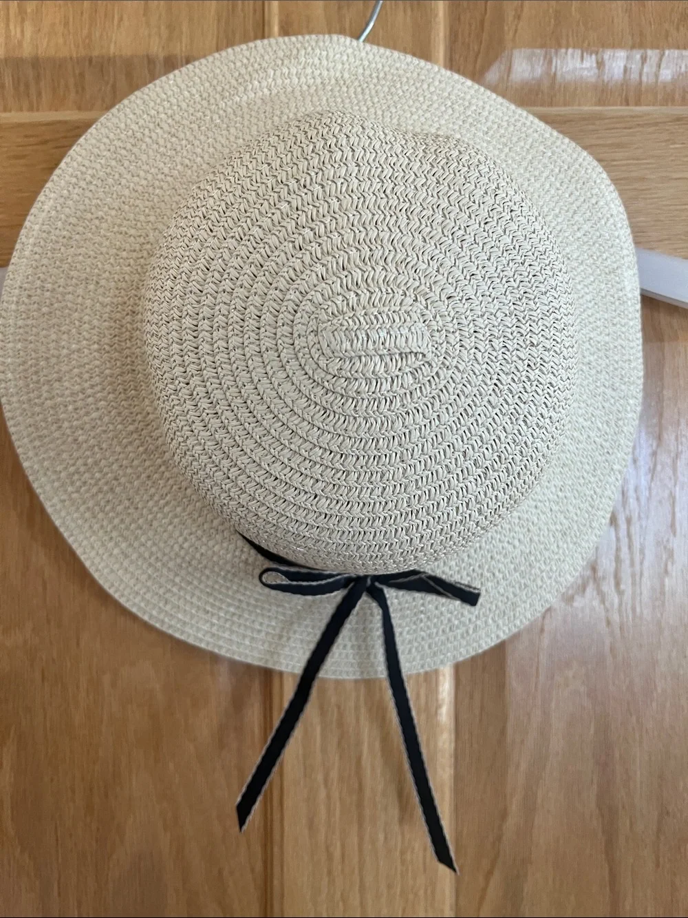 Girl’s Cream Straw Sun Hat with Black Bow Accent